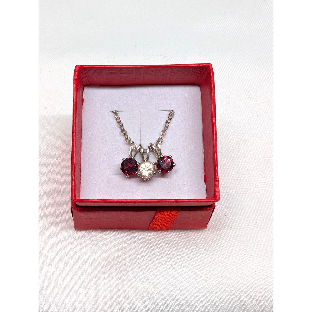Garnet & Crystal Three-Stone Pendant Necklace